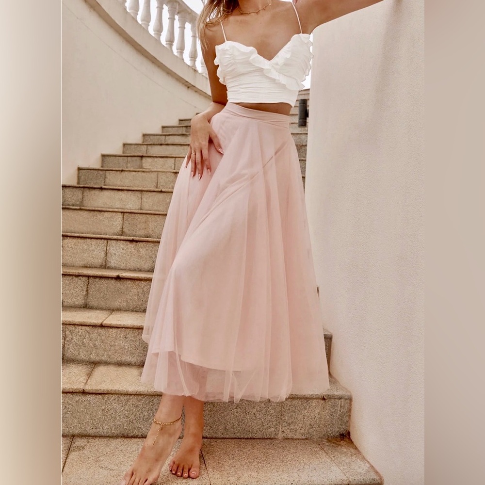 Selfie Leslie Blush Pink Tulle Midi Skirt - Picture 2 of 9